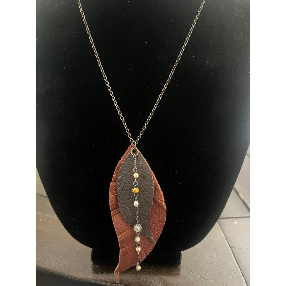 Boho Layered Leather Leaf Pendant Necklace Beaded Brass Chain Earthy Vtg Style